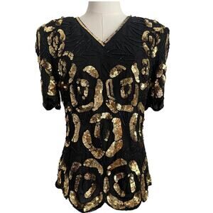 VTG. Stenay Silk Black‎ Gold Sequin Beaded Top 90s Glam NYE Old Hollywood Gatsby
